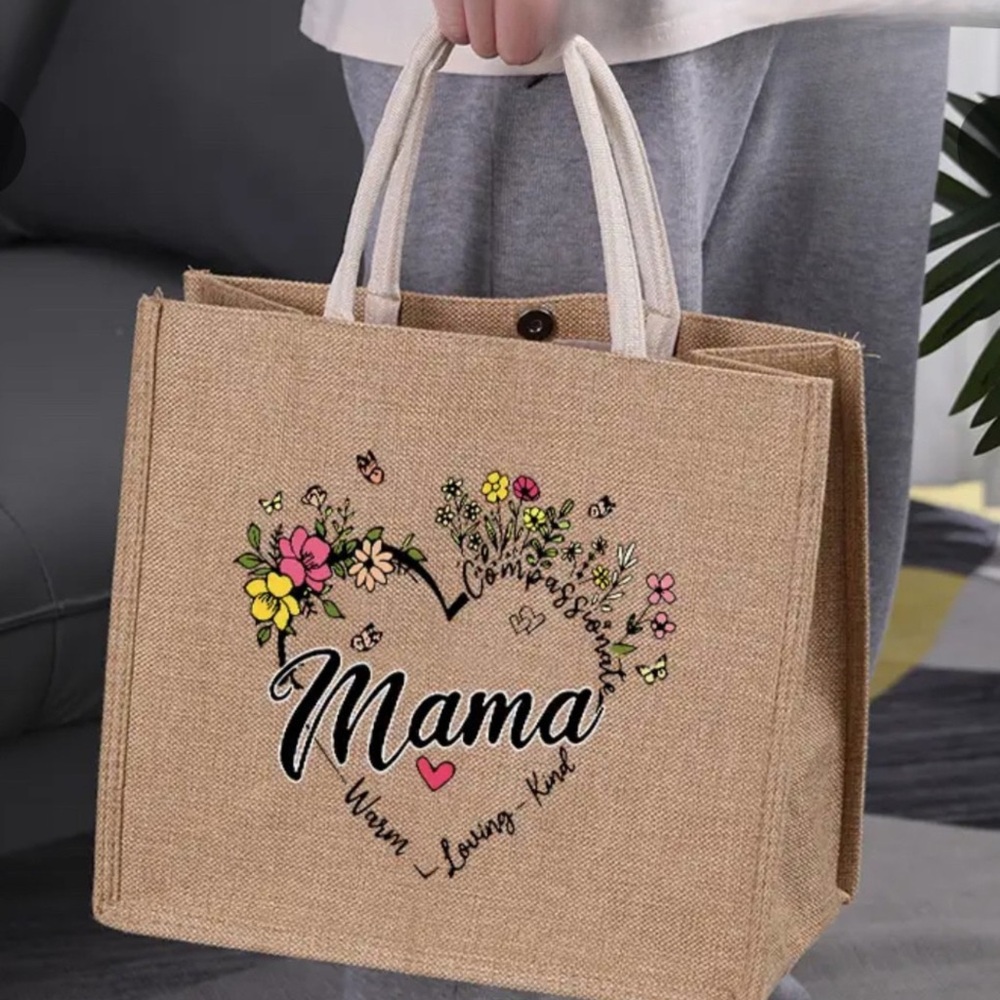 Tan Floral Print burlap Tote Bag with Durable Design. A bag for mom. Beach bag